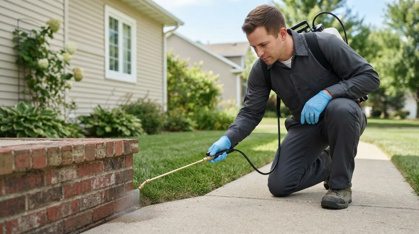 Pest control technician treating a home near Osgood, OH