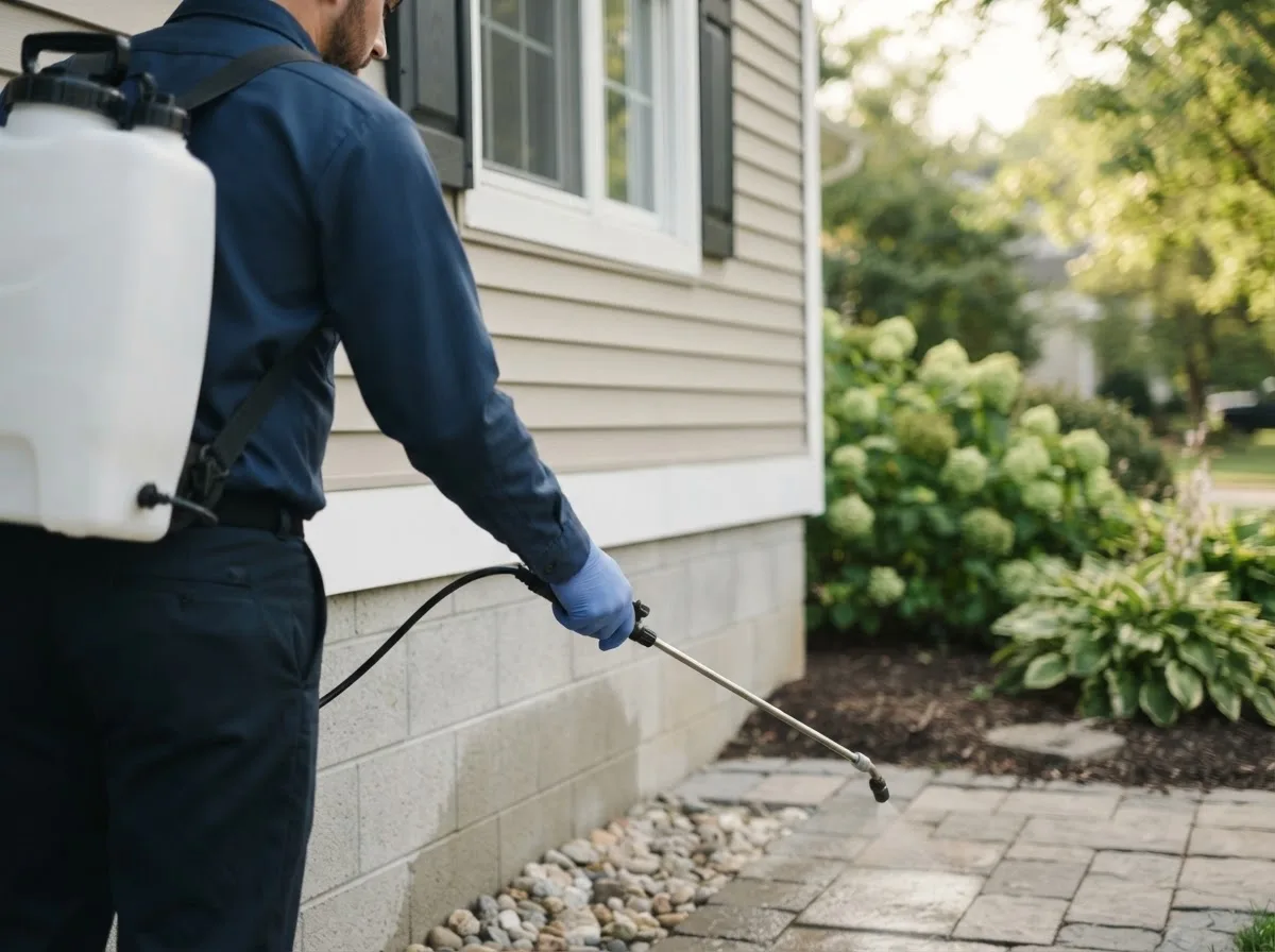 Pest control technician inspecting a home in Osgood, OH